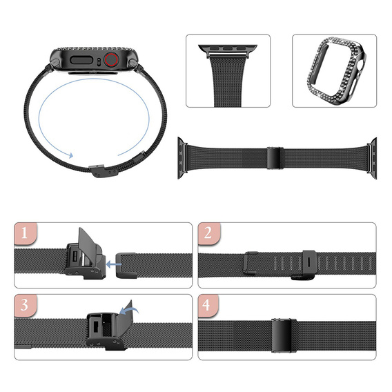 Bransoleta + Etui z Diamentami do Apple Watch 7/8 41mm, Czarna