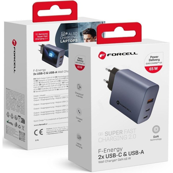 Forcell Ładowarka Sieciowa USB-A / 2x USB-C 3A GaN 65W PD QC 4.0, szara