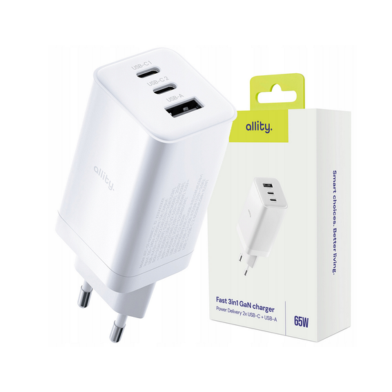 Allity ATC-01 65W GaN PD/QC – Kompaktowa ładowarka sieciowa z 3 portami - biała