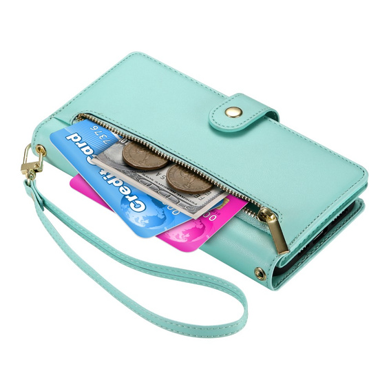 Etui z klapką do Samsung Galaxy S25+ Plus, Wallet Zipper Pocket, zielone