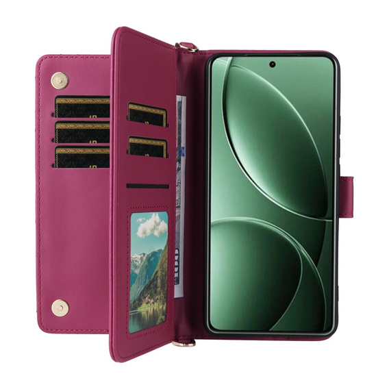 Etui z klapką do Xiaomi Poco F7 Pro, Crossbody Leather Wallet, bordowe