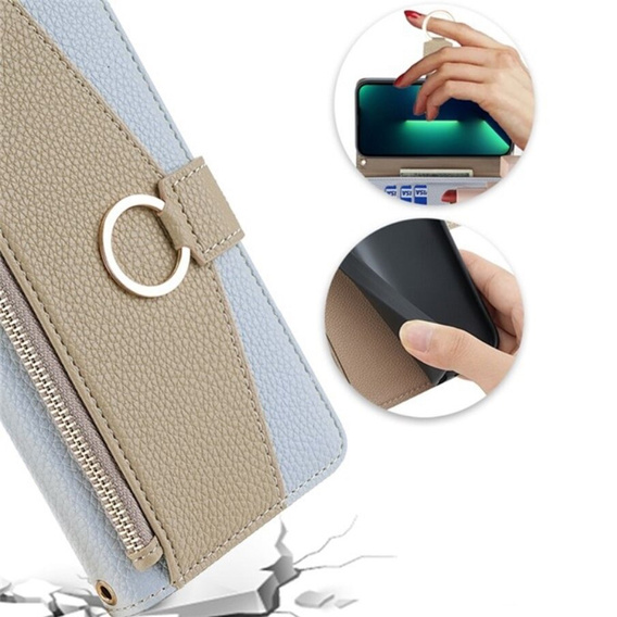 Etui z klapką do iPhone 13, Wallet Zipper Pocket, z lusterkiem, niebieskie