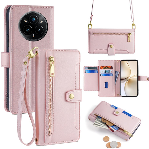 Etui z klapką do Realme 14 Pro 5G, Wallet Zipper Pocket, różowe