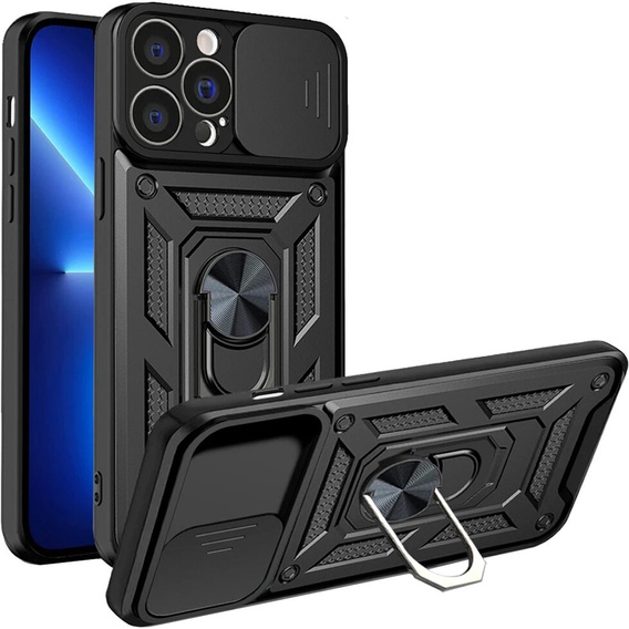 Zestaw Etui pancerne do iPhone 14 Pro, CamShield Slide, czarne + Szkło hybrydowe 5D