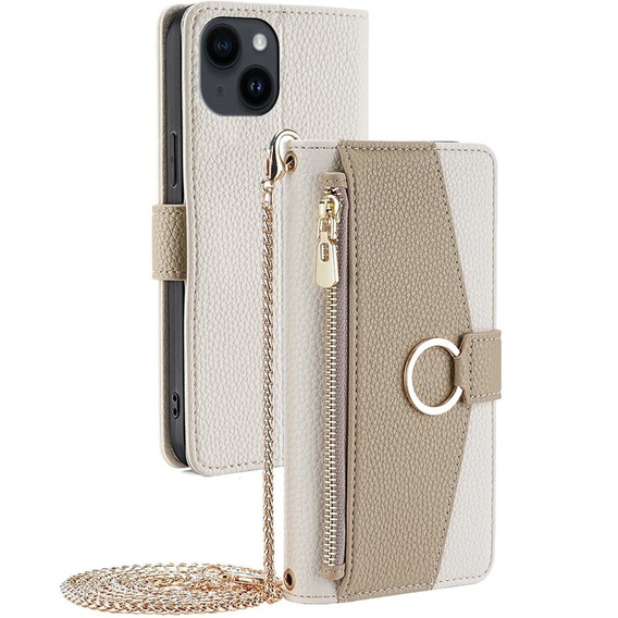 Etui z klapką do iPhone 14, Wallet Zipper Pocket, z lusterkiem, białe