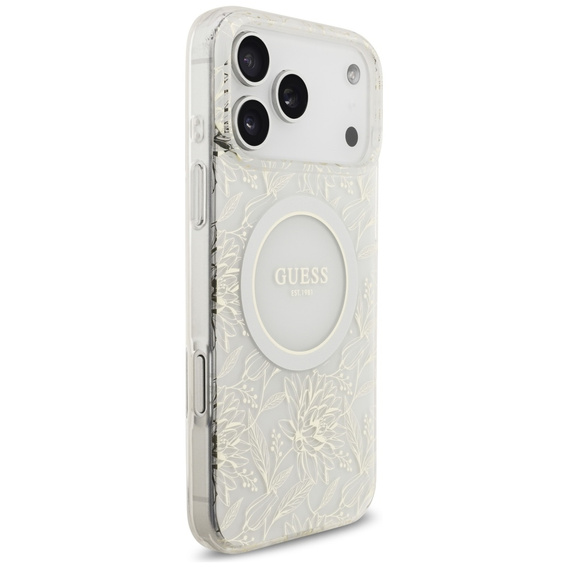 Etui GUESS do iPhone 17 Pro Max, IML Flowers Electroplated Allover With Beads Strap, do MagSafe, z paskiem, białe