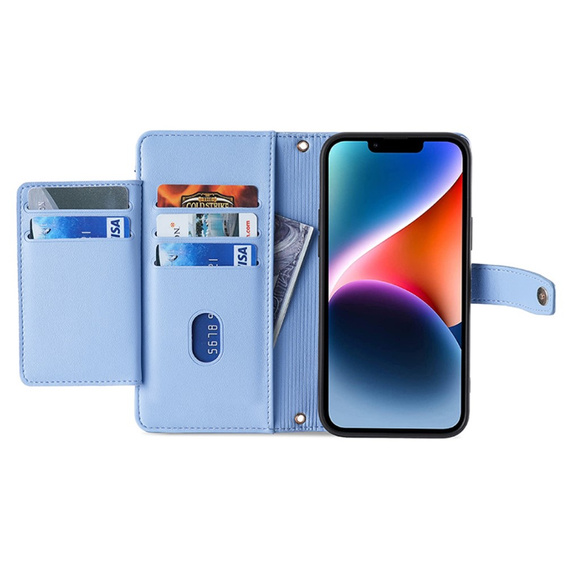 Etui z klapką do iPhone 15 Pro Max, Wallet Zipper Pocket, niebieskie