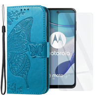 Zestaw Etui z klapką do Motorola Moto G53 5G, Motyl, Niebieskie + szkło