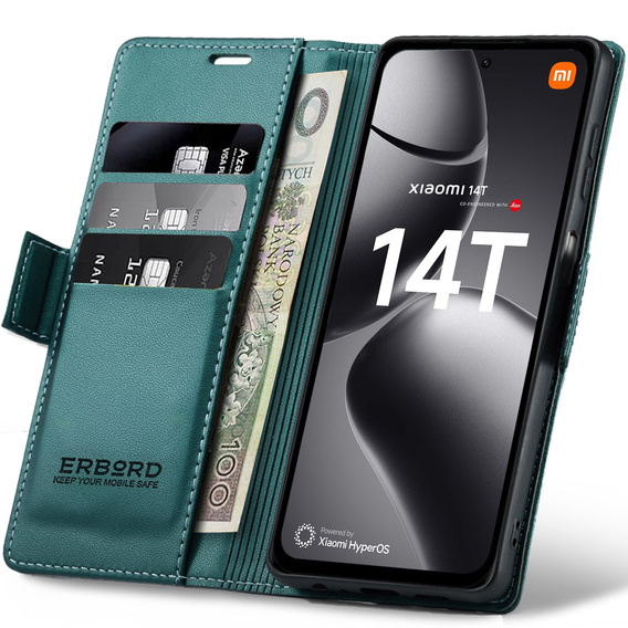 Etui do Xiaomi 14T, ERBORD Glossy Litchi, portfel z klapką, zielone