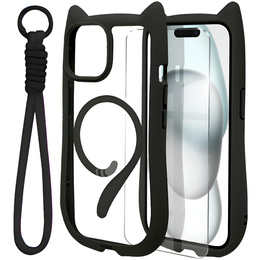 Etui do iPhone 15, do MagSafe, Cute Cat, czarne + Szkło na ekran