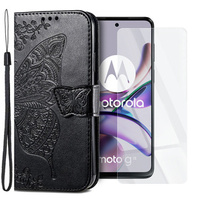 Zestaw Etui do Motorola Moto G23 4G / G13 4G, z klapką portfel, Motyl, Czarne + szkło