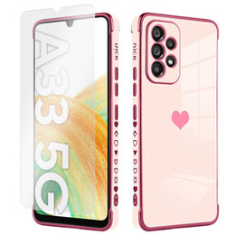 Zestaw Etui do Samsung Galaxy A33 5G, Electro heart, Różowe rose gold + szkło