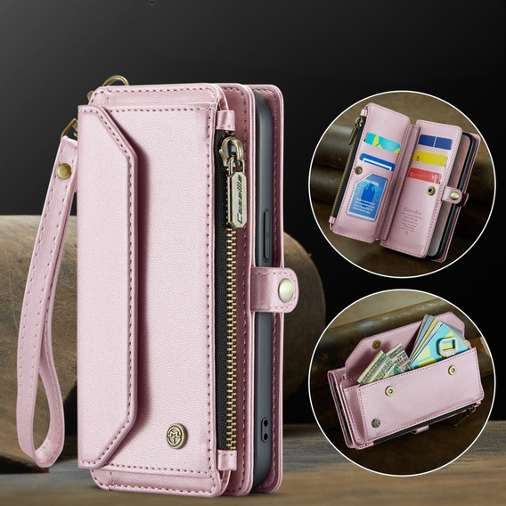 Etui CASEME do iPhone 16E, RFID Leather Wallet, z paskiem na ramię, różowe