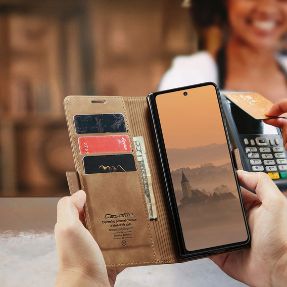 Etui CASEME do Samsung Galaxy Z Fold7 5G, Leather Wallet Case, brązowe
