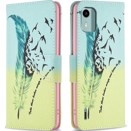 Etui z klapką do Nokia C12 4G, Wallet, Feather niebieskie / żółte