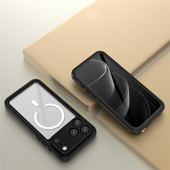 Etui Wodoodporne IP68 do iPhone 17 Pro Max, Redpepper, do MagSafe, przezroczyste z czarną ramką