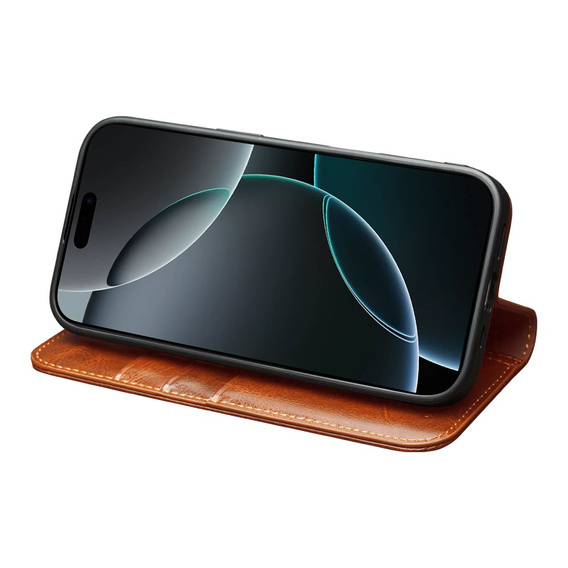 Etui ze skóry z klapką do iPhone 17 Pro Max, QIALINO Genuine Cow Leather – jasnobrązowe