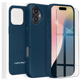 Skórzane Etui do MagSafe do iPhone 16, niebieskie + Szkło Hartowane 9H