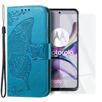 Zestaw Etui do Motorola Moto G73 5G, z klapką portfel, Motyl, Niebieskie + szkło