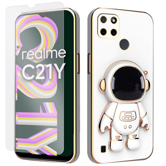 Zestaw Etui Electro do Realme C21Y/C25Y, Astronauta, Białe + szkło