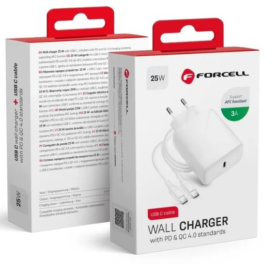 Ładowarka Sieciowa Forcell ze złączem USB typ C i kablem typ C - 3A 25W z funkcją ładowania PD i QC 4.0