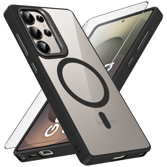 Etui do Samsung Galaxy S25 Ultra, Kickstand Frame, do MagSafe, przezroczyste / czarne + Szkło na ekran