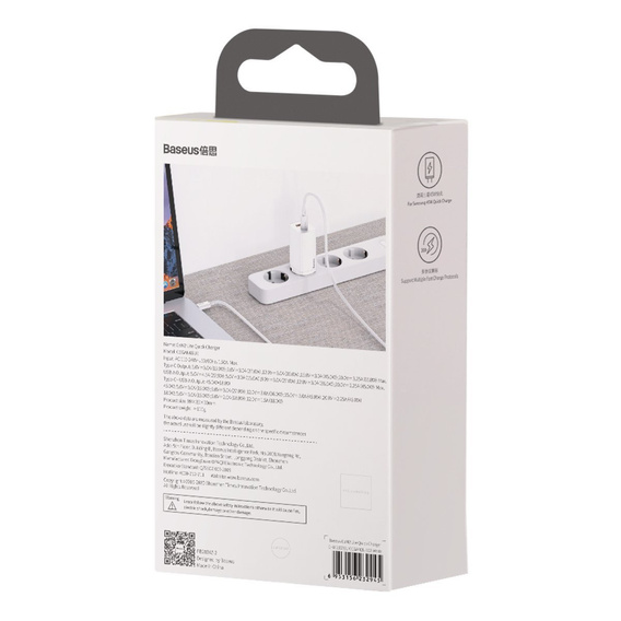 Ładowarka sieciowa Baseus GaN2 Lite, USB + USB-C, 65W - biała