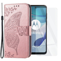 Zestaw Etui z klapką do Motorola Moto G53 5G, Motyl, Różowe rose gold + szkło