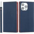 Etui z klapką do iPhone 15 Pro, Litchi Skin Grain, granatowe / pomarańczowe