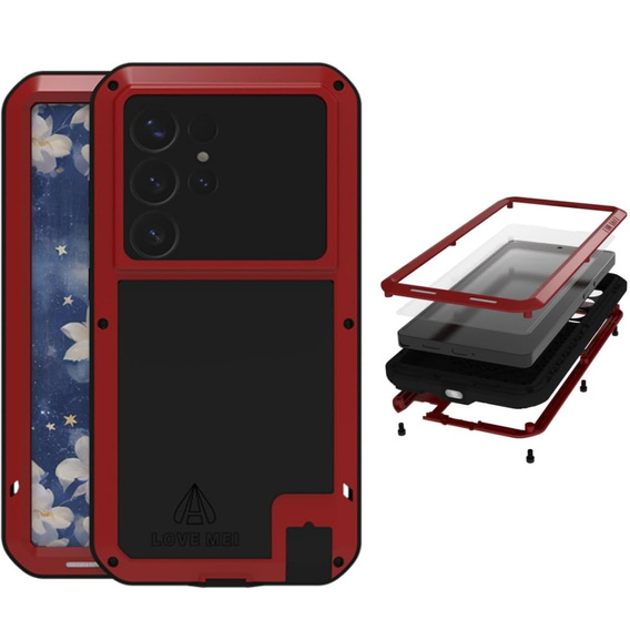 Etui Love Mei do Samsung Galaxy S25 Ultra, pancerne ze szkłem, czerwone