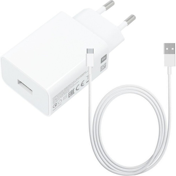 Zestaw Xiaomi Oryginalna Ładowarka Sieciowa MDY-11-EP, 1x USB-A, QC3.0 3A, White (bulk) + Kabel