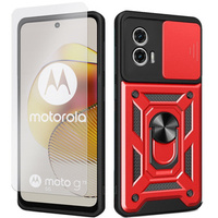 Zestaw Etui do Motorola Moto G73 5G pancerne, z ochroną aparatu i ringiem, czerwone + szkło