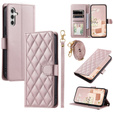 Etui z klapką do Samsung Galaxy S25, Rhombus Crossbody Leather, różowe rose gold