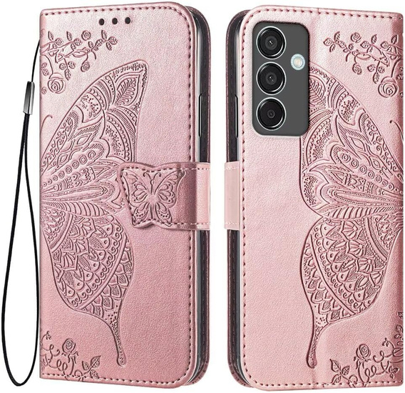 Etui z klapką do Samsung Galaxy M55 5G, Butterfly, różowe rose gold