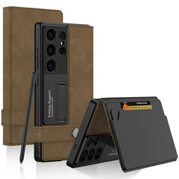 Etui GKK do Samsung Galaxy S25 Ultra z klapką, kieszenią na karty, podstawką i magnetycznym zamknięciem – brązowe