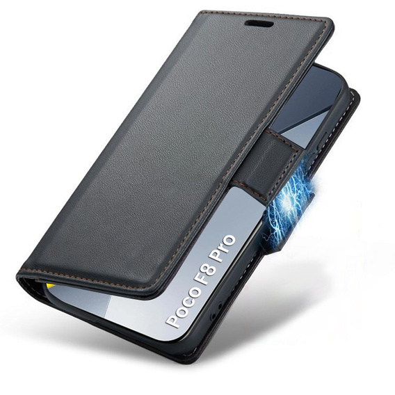Etui do Xiaomi Poco F8 Pro, ERBORD Glossy Litchi, portfel z klapką, czarne