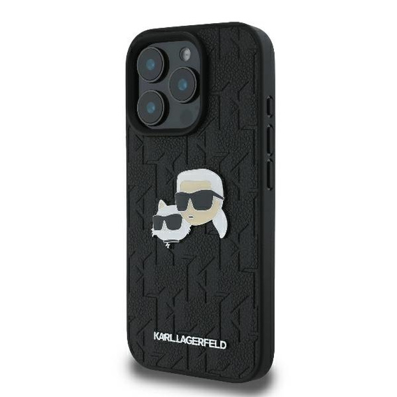 Etui Karl Lagerfeld do iPhone 16 Pro, Monogram Karl & Choupette Head Pin, czarna