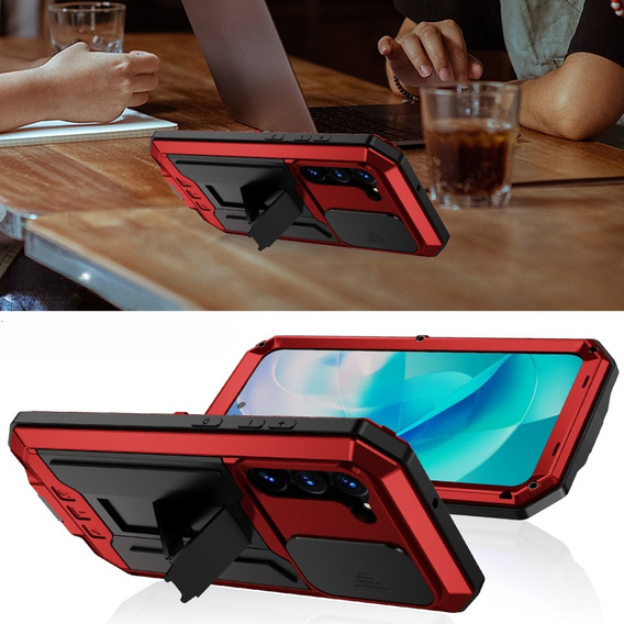 Etui pancerne do Samsung Galaxy S23, R-JUST CamShield Slide, czerwone / czarne