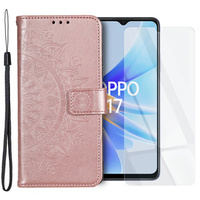 Zestaw Etui do Oppo A17, portfel ze wzorem Mandala z klapką, rose gold różowe + Szkło 9H