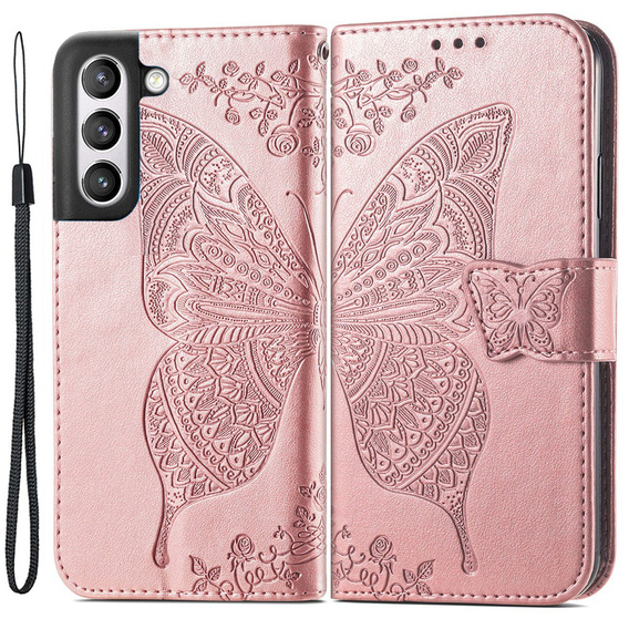 Etui z klapką do Samsung Galaxy S21 FE, Butterfly, różowe rose gold