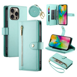 Etui z klapką do iPhone 16 Pro, Wallet Zipper Pocket, zielone