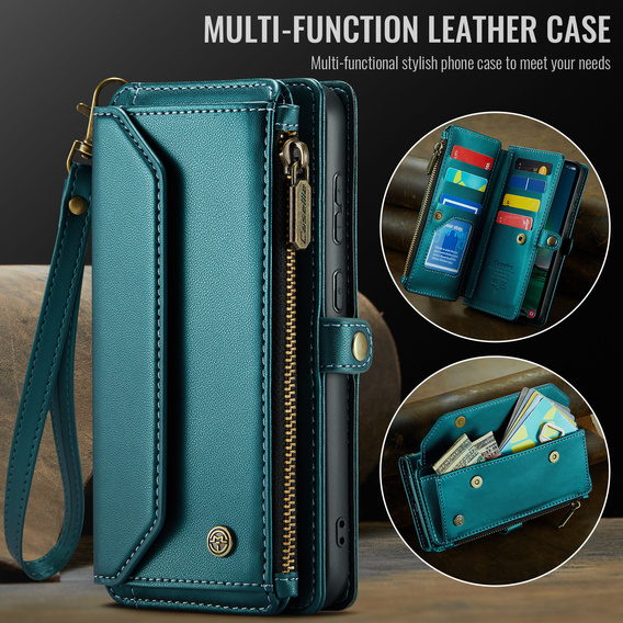Etui CASEME do Samsung Galaxy S25 FE, RFID Leather Wallet, z paskiem na ramię, zielone