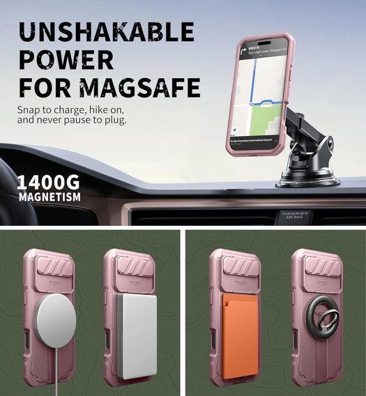 Etui Dexnor do iPhone Air z osłoną kamery i podstawką, do MagSafe - różowe (Dwie ramki)