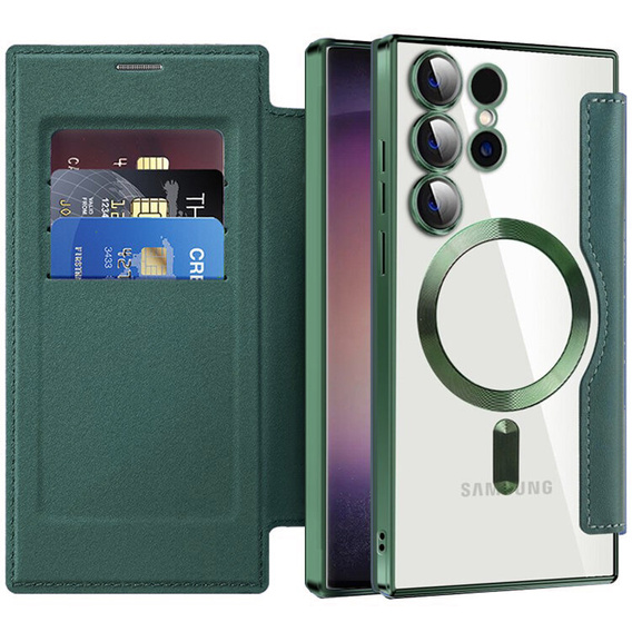 Etui z klapką do Samsung Galaxy S24 Ultra, RFID Wallet MagSafe z ochroną aparatu, zielone
