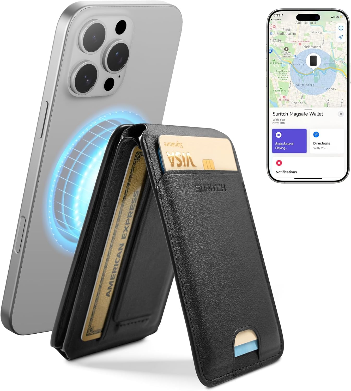 Magnetyczny portfel SURITCH z lokalizatorem Find My, NFC i podstawką