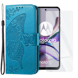 Zestaw Etui do Motorola Moto G23 4G / G13 4G, z klapką portfel, Motyl, Niebieskie + szkło