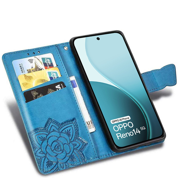 Etui z klapką do Oppo Reno 14, z wytłoczonym wzorem motyla, niebieskie