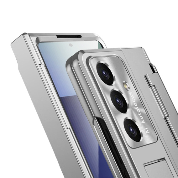 Etui z podstawką do Samsung Galaxy Z Fold7 5G, z ochroną zawiasu, szkłem i rysikiem - srebrne