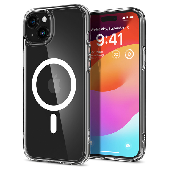 Etui z MagSafe Spigen do iPhone 15, Ultra Hybrid, przezroczyste / białe + Szkło Hartowane 9H