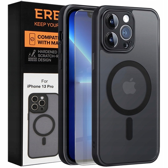 Etui do iPhone 13 Pro, do MagSafe, ERBORD Matt Case, czarny + Szkło na ekran